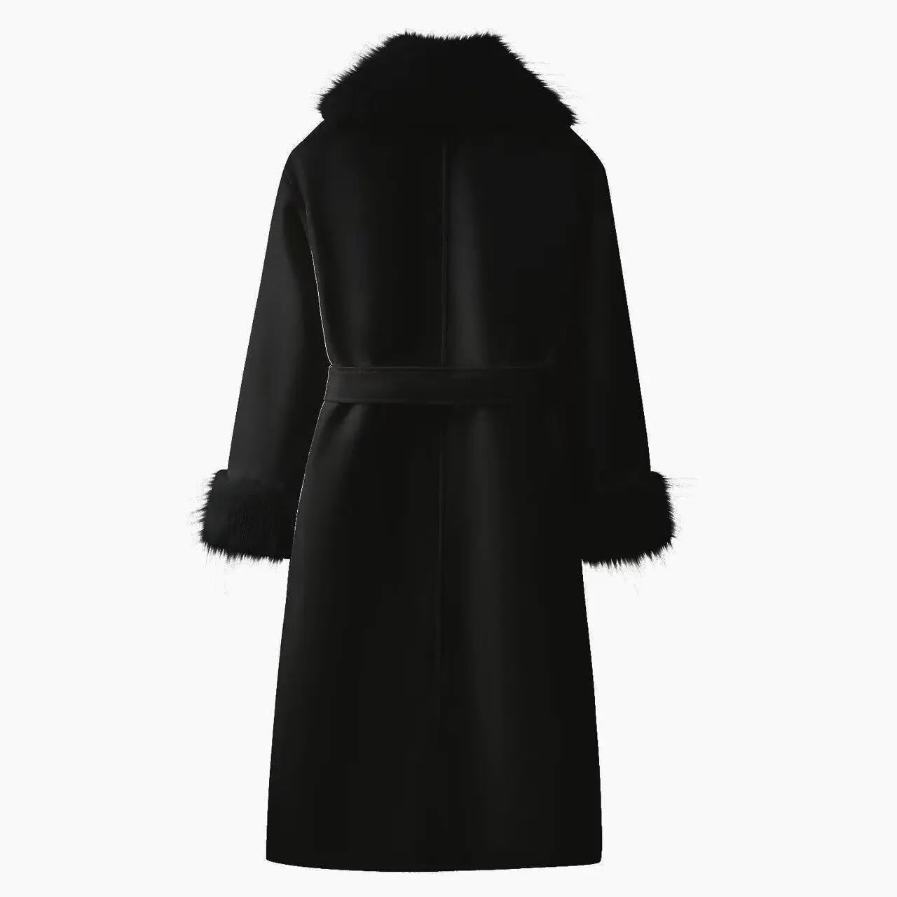 HH New Woman Winter Fashion Versatile Faux Fur Effect Lapel Long Sleeves Belt Long Coat Female Casual Commuting Long Overcoat