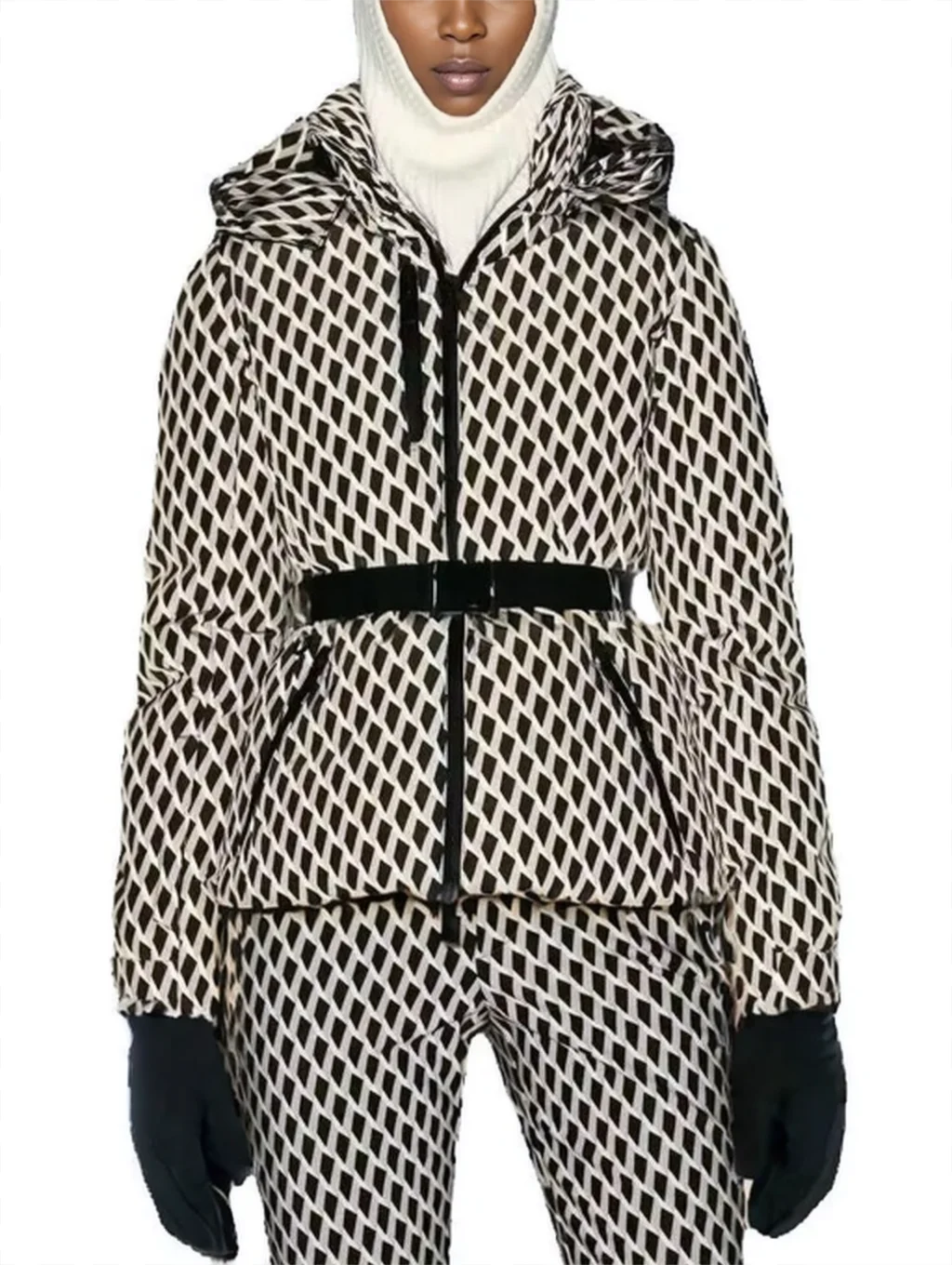 Women's Winter Hooded High Waist Padded Sport Parkas Coats with Belt Female Elegant Thick Warm Pockets Windproof Skiing Jackets