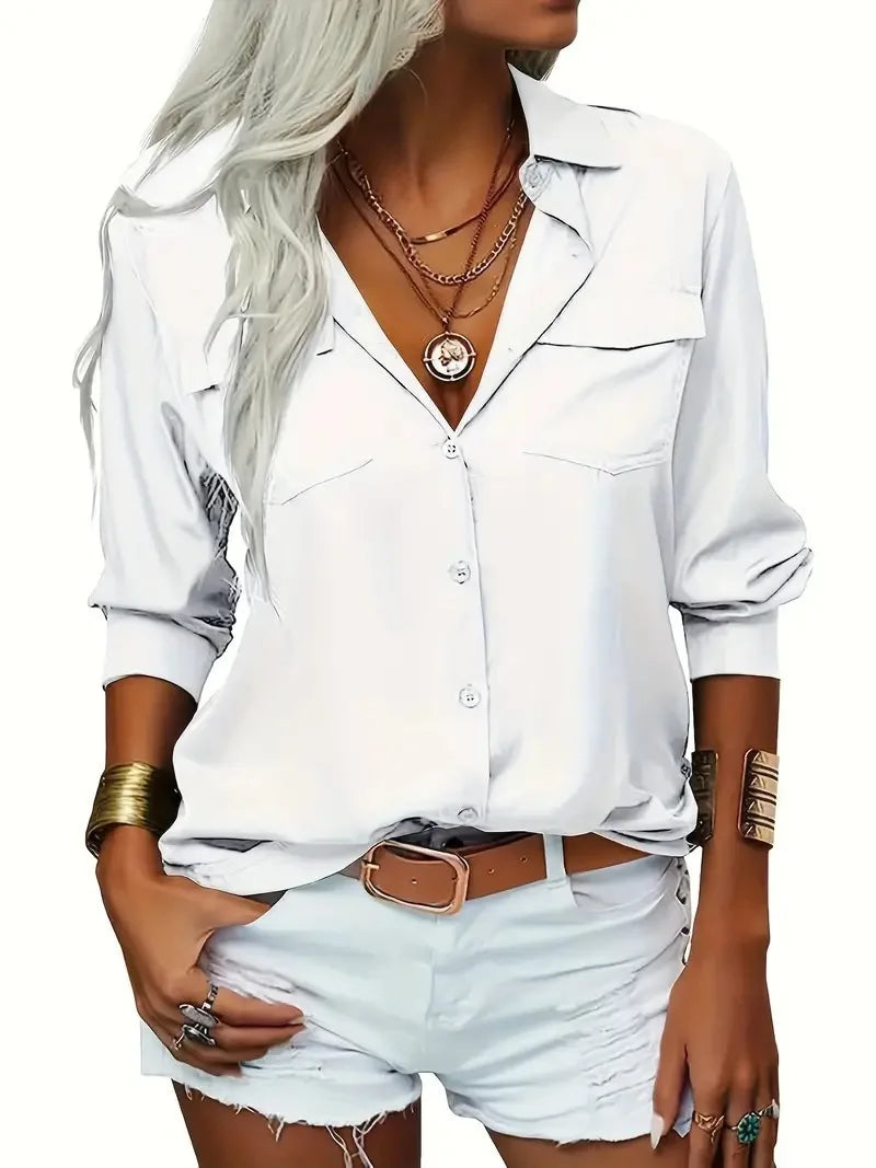 2025 Women's Military Green Shirt Lapel Button Cardigan Top Pocket White Simple Street Loose White Blouses for Female