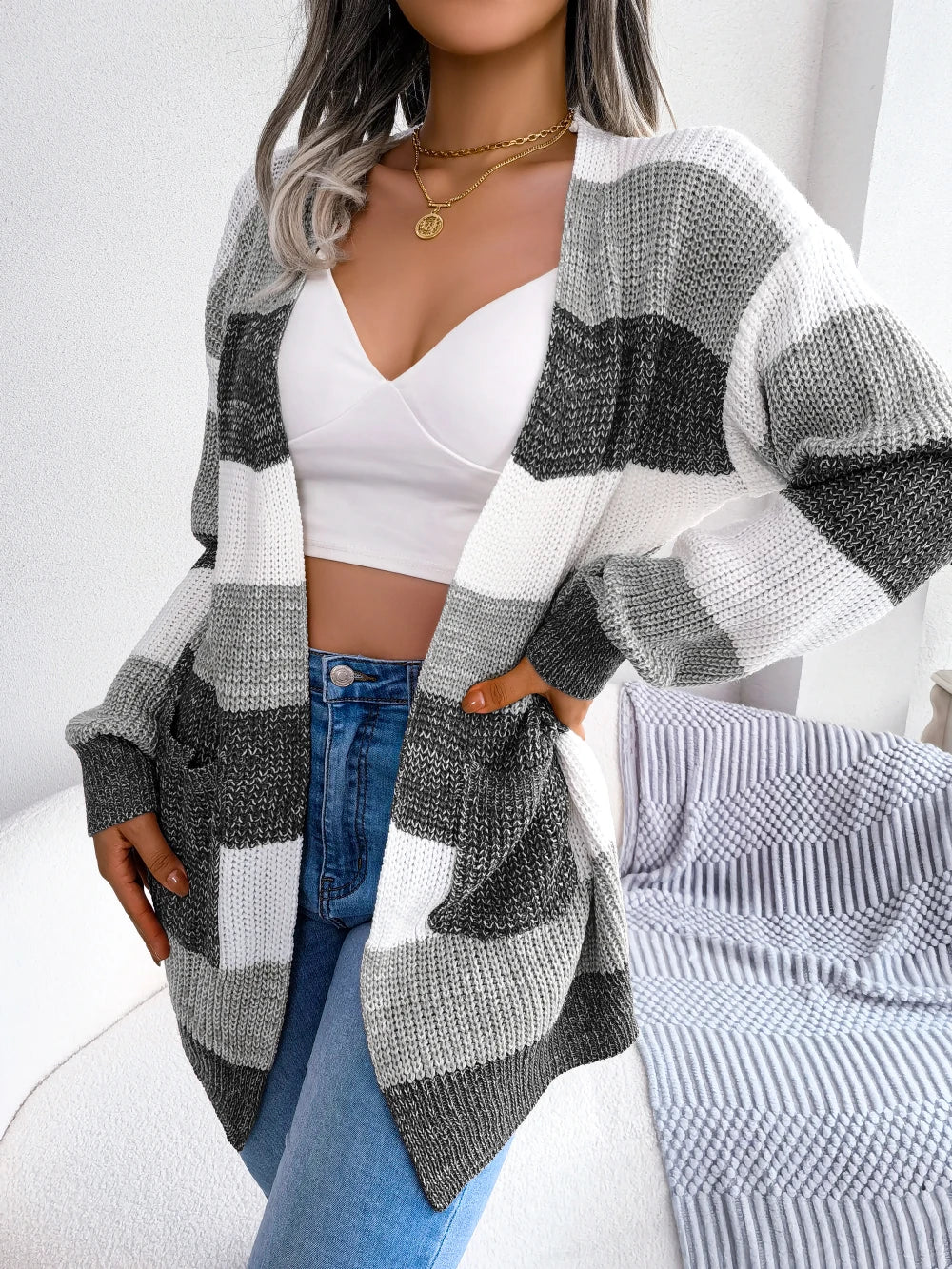 Women Casual Long Sleeve Color Block Striped Knitted Sweater Cardigan for Autumn Winter 2026