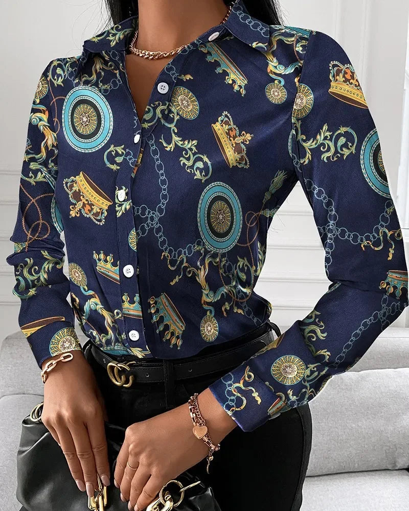 Summer New Women's Long-sleeved Shirt, Single-breasted Printed Shirts Fashion Casual Tops Camisa Female Chemise S-XXL