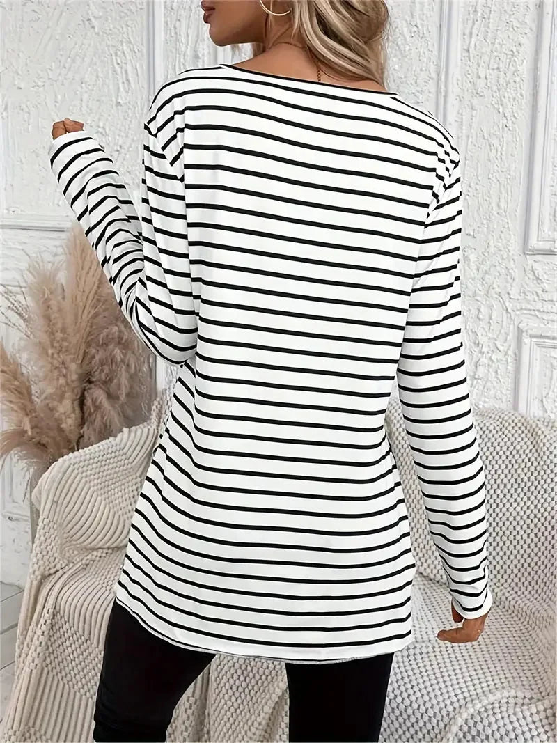 Stripe print crew neck t-shirt casual long sleeve slit t-shirt spring and autumn women's wear