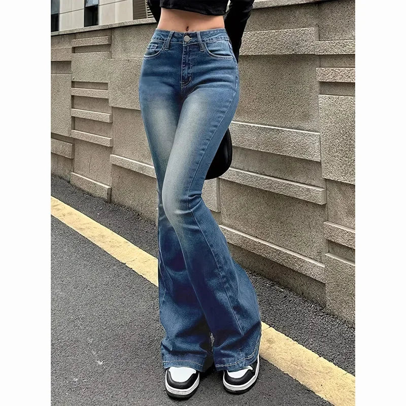 2025 Girls Concise Ins High Waist Flared Jeans Female Stretchy Bootcut Denim Pants Women Solid Color Thin Bell Bottoms Trousers