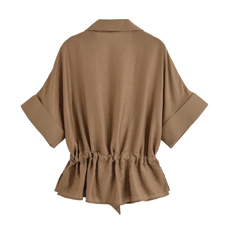 Women Adjustable Drawstring Waist Safari Shirt Short Sleeve Lapel Collar With   Pockets Loose Blouse Streetwear Lady Shirts