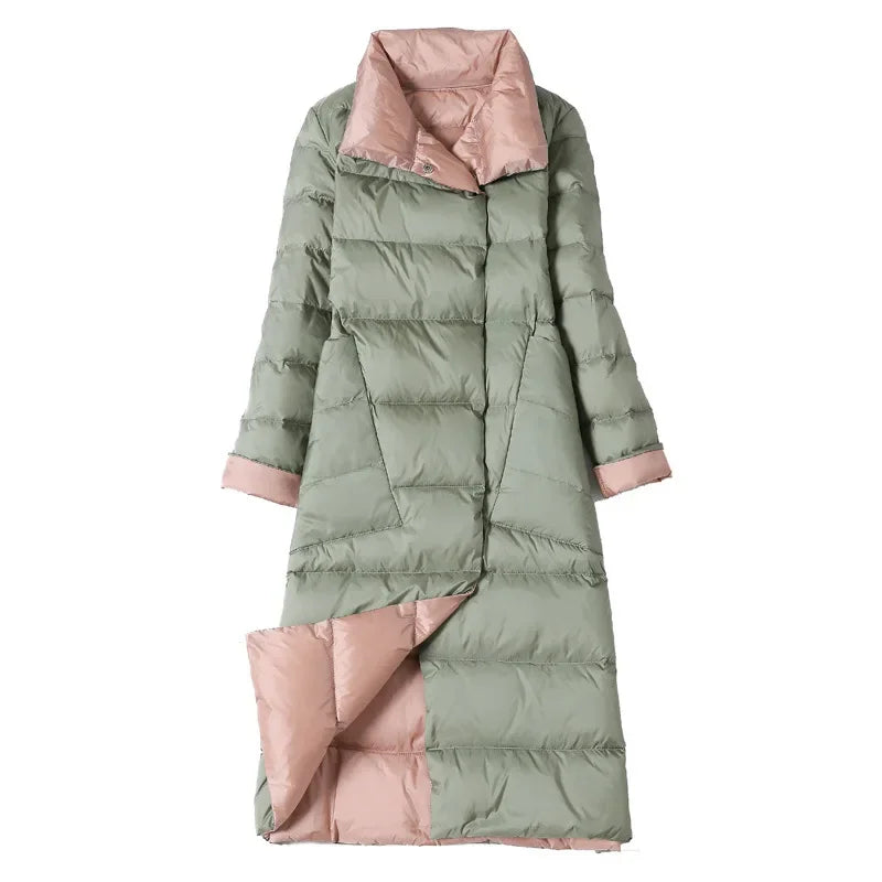 Winter Women White Duck Down Jacket Long Styles Oblique Pocket Lapel Double Sided Coat Female Single Breasted Warm Parka Outwear