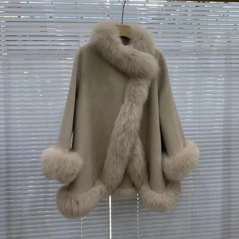 2025 Real Fur Coat Winter Jacket Women Natural Fox Fur Collar Warm Cashmere Wool Woolen Ladies Outerwear Streetwear Fashion