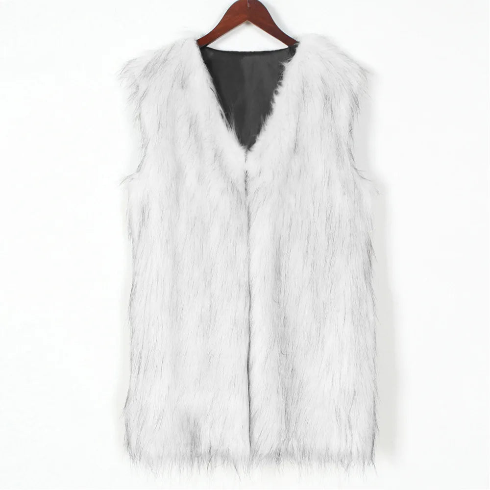 VigoCasey 2025 White Sleeveless Thick Faux Fur Vest Coat Woman V Neck Plush Warm Waistcoat Lady Autumn Winter Fluffy Vest Jacket