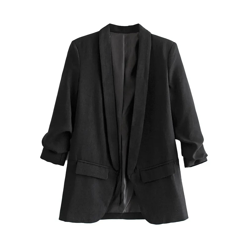 Women Fashion Office Wear Open Blazer Coat Vintage Long Pleated Sleeves Flap Pockets Female Outerwear Chic Tops