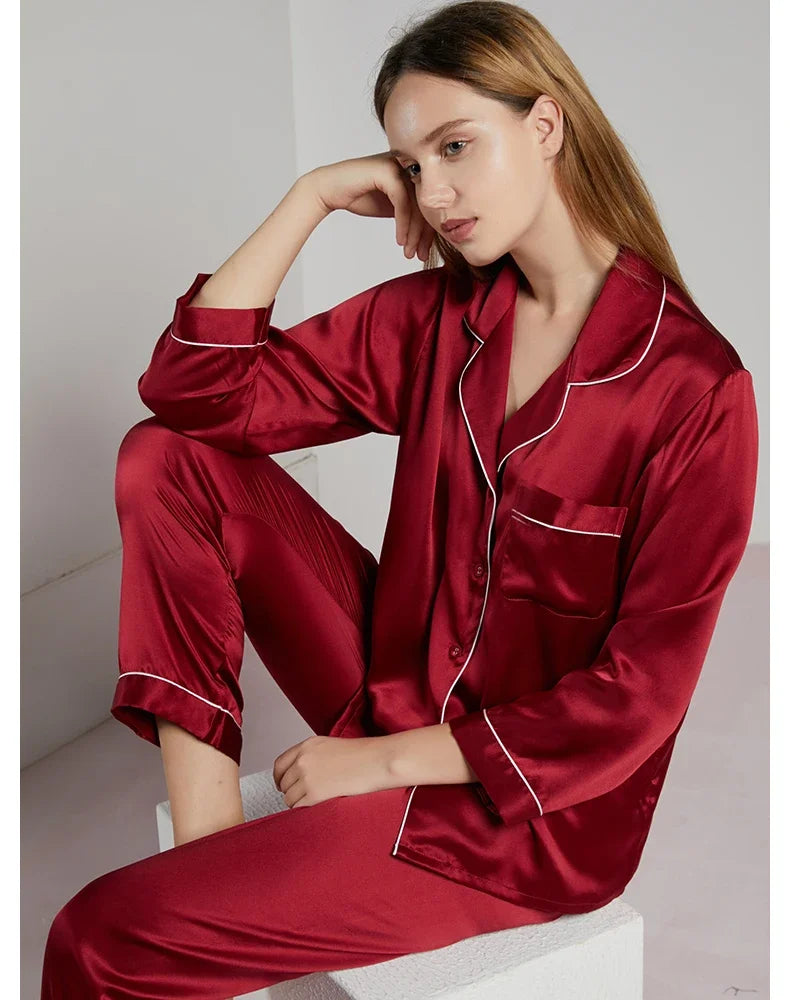 19MM 100% Mulberry Silk Pajamas Women   TrousersTwo-piece Loose   Home Clothes Spring Summer Silk Sleepwear Lady