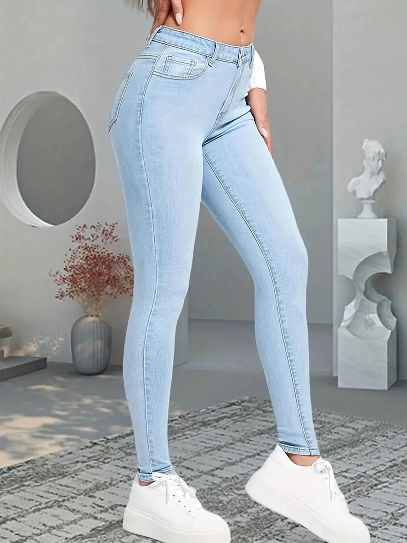 Trendy Y2k Jeans For Woman Blue Stretch Slim Fit Denim Pants Vintage Style High Waist Trousers Fashion Comfort Daily Wear