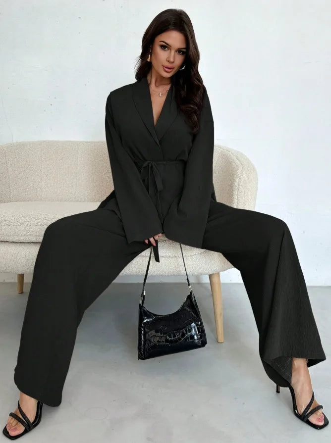 2025 Autumn Winter European American Fashion V-neck Women's Temperament Long-sleeved Elegant Wide-leg Pants Set
