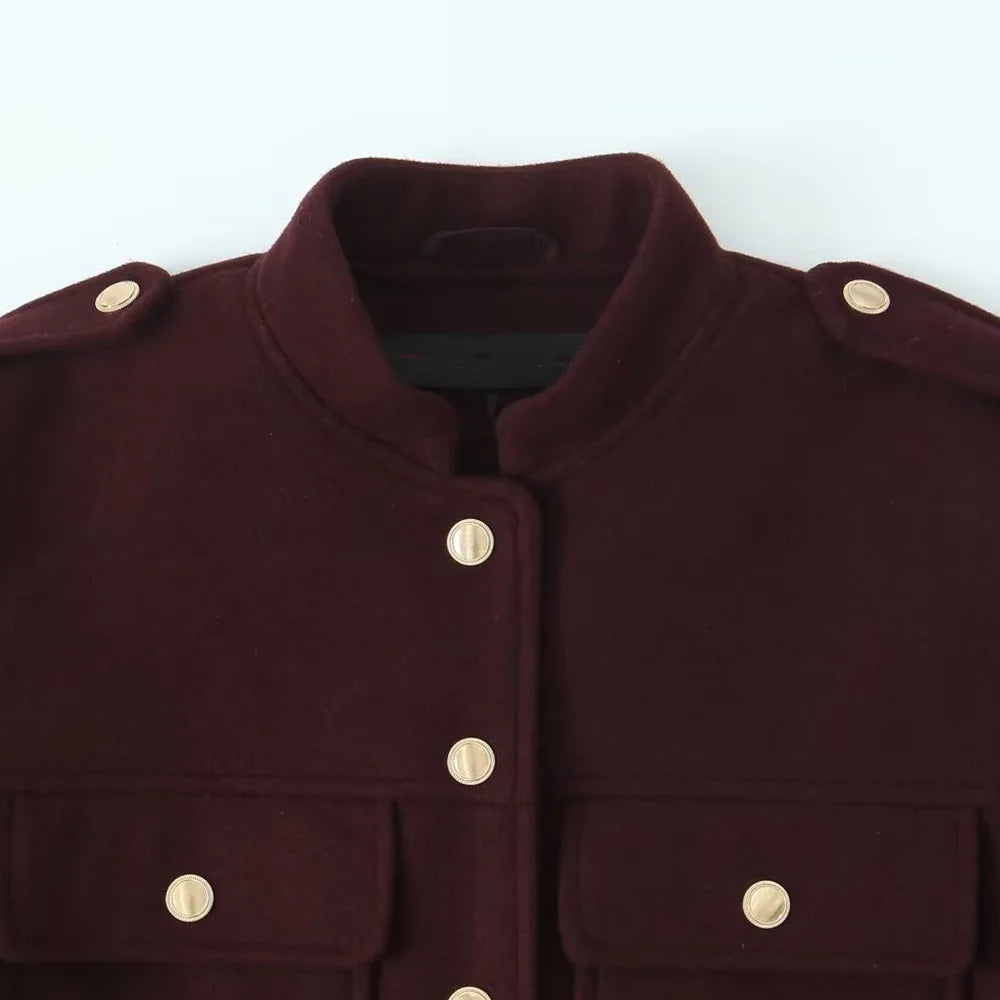 Women's Retro Wine Red Cropped Jacket Stand Collar Long Sleeve Buttoned Epaulettes Patch Pocket Coat Fall Winter New Jacket