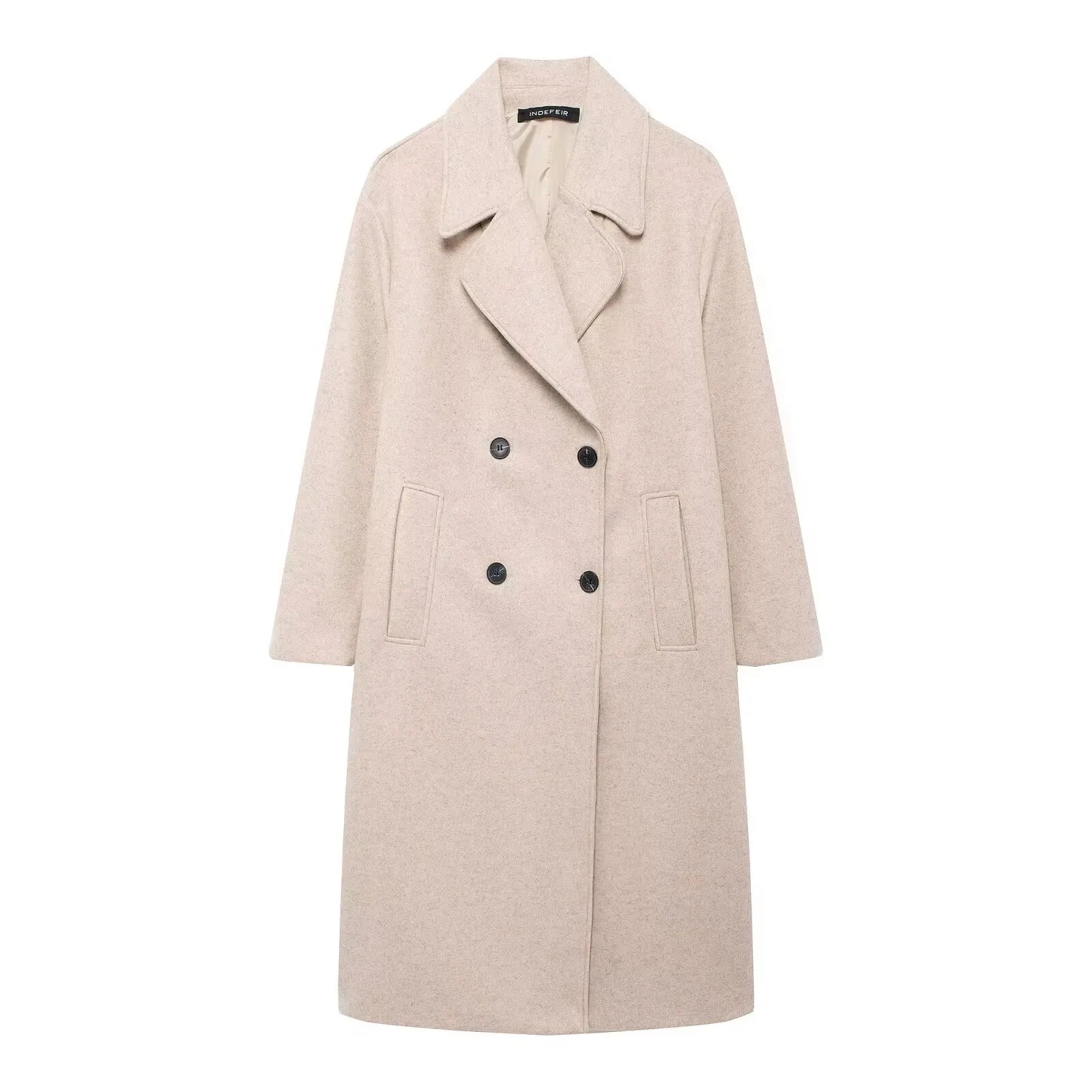 TRAFZA Women Winter Casual Wool Blend Notched Lapel Collar Coat Chic Double-breasted Trench Coats Oversized Female Long Jackets