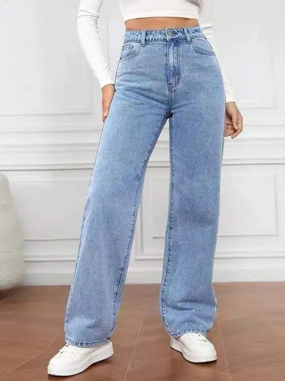 High Waist Loose Fit plus Size Denim Jeans Women's Commuter Straight Leg Pants Casual Sle Polyester Fiber