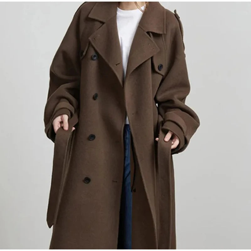 Belts Double Breasted Women's OverCoat Elegant Laple Pocket Full Sleeve Female Coat 2025 Autumn Winter Fashion New Lady Outwears