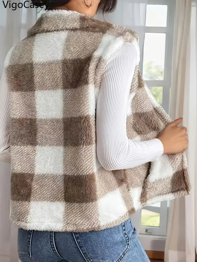 VigoCasey 2025 Plaid Print Sleeveless Vest Coat Woman Zipper Loose Plush Warm Waistcoat Lady Autumn Winter Casual Vest Jacket