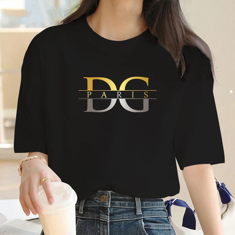 Luxury Brand Gold and Silver Gradient letter D Print Crew Neck Clothing Short Sleeve T-Shirt Trend Women's Summer Y2K Top