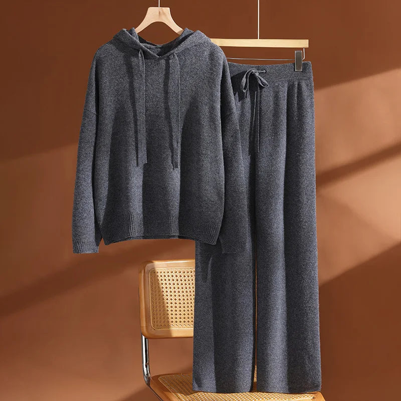 ADDONEE Autumn Winter Women's 100% Wool Set Hoodie Pullover Wide Leg Pants Thick Casual Cashmere Knitwear Sweater Trousers Suit