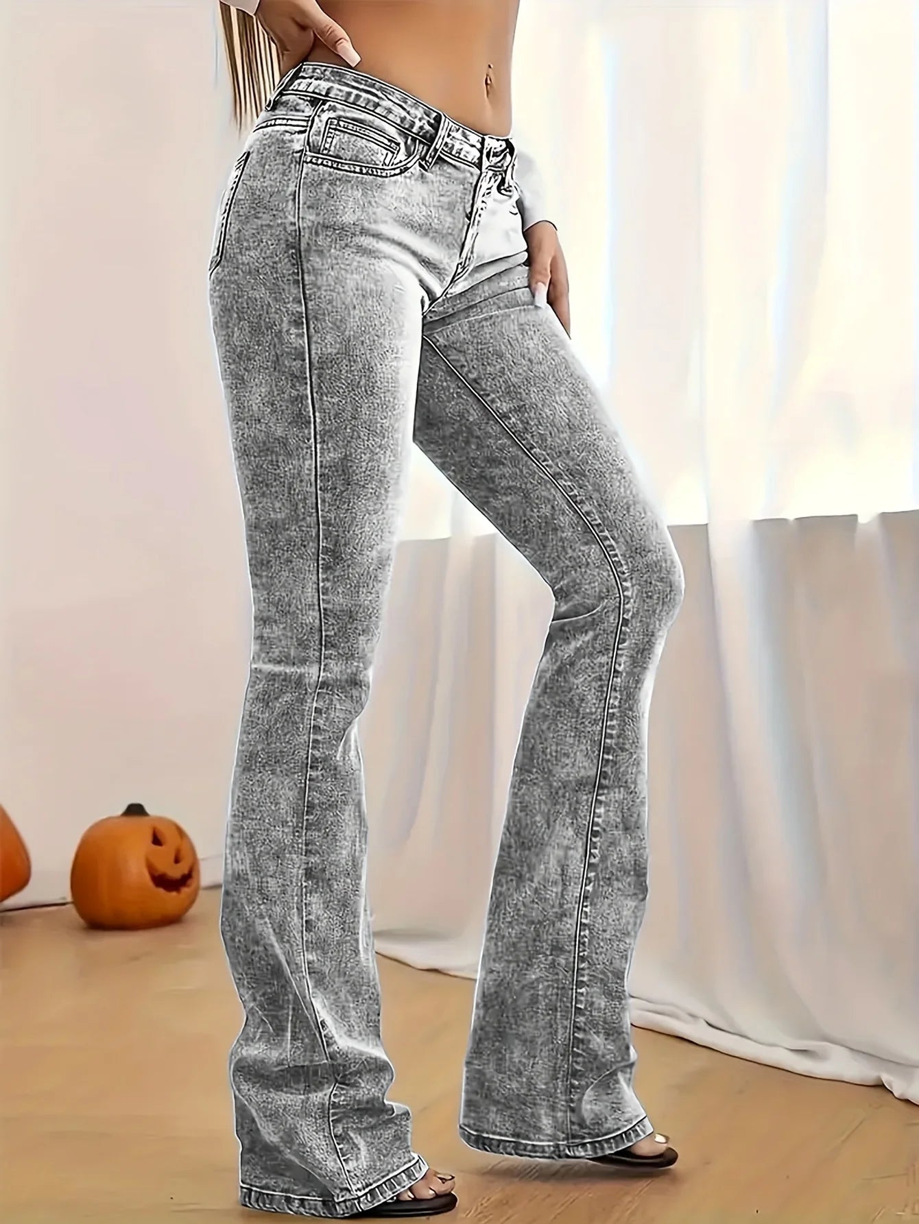 Fashion Women's Gray Low-Rise Slim Fit Bootcut Jeans, Y2K Style, Snow Wash, Streetwear Elegant Denim Pants