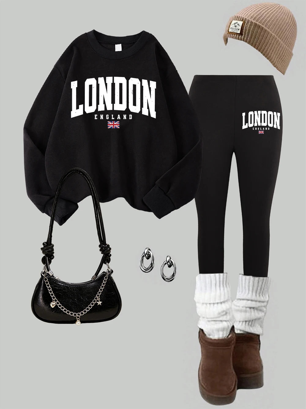 2 Piece Womens London England Flag Printing Sweatshirts Leggings Set Street Fleece Thermal Hoodie Pants Winter Womans Clothes