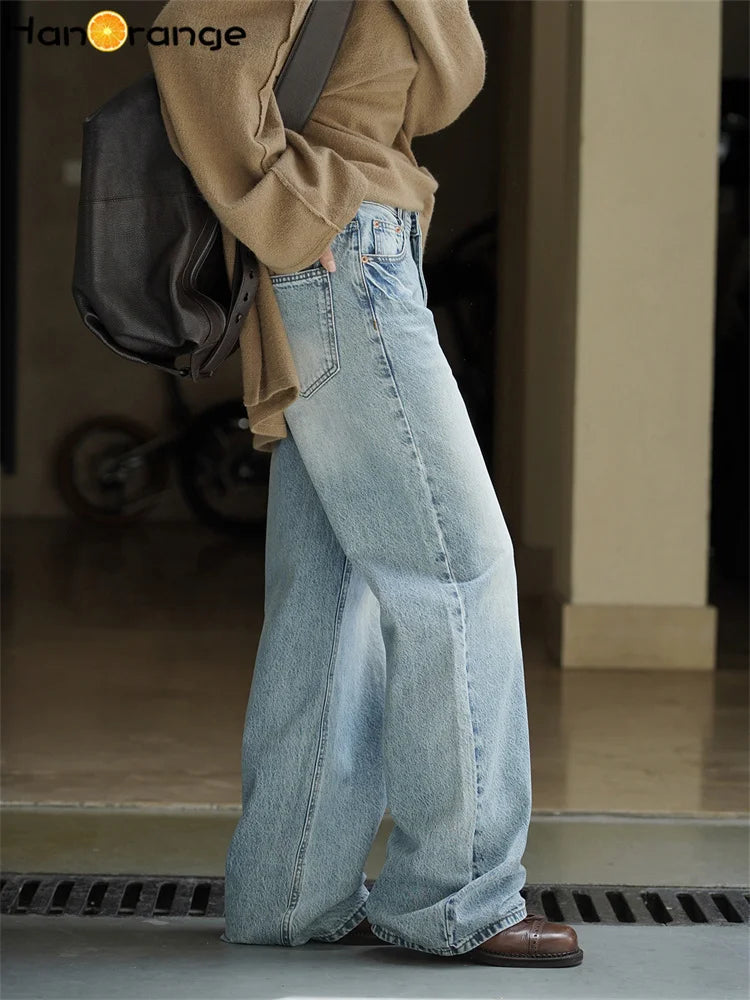 2025 Autumn Winter Retro Polished White Washed Jeans Women Neat Straight Leg 100% Cotton Denim Pants Blue