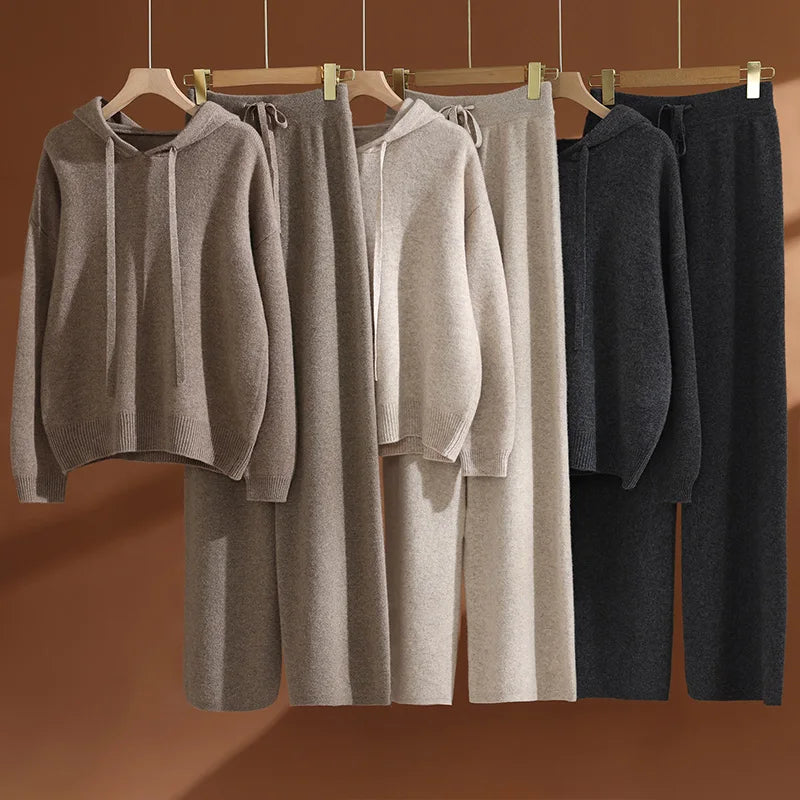 ADDONEE Autumn Winter Women's 100% Wool Set Hoodie Pullover Wide Leg Pants Thick Casual Cashmere Knitwear Sweater Trousers Suit