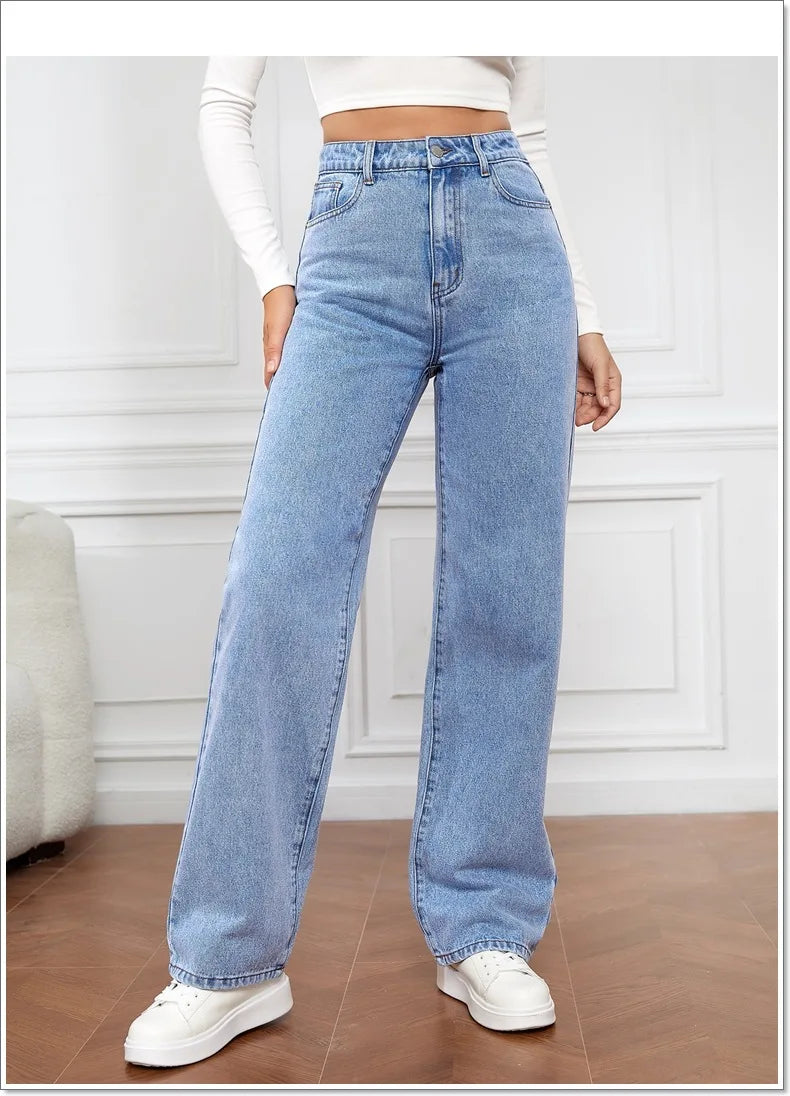 2025 new European and American high-waisted water-washed women's jeans long fashionable and versatile straight-leg pants