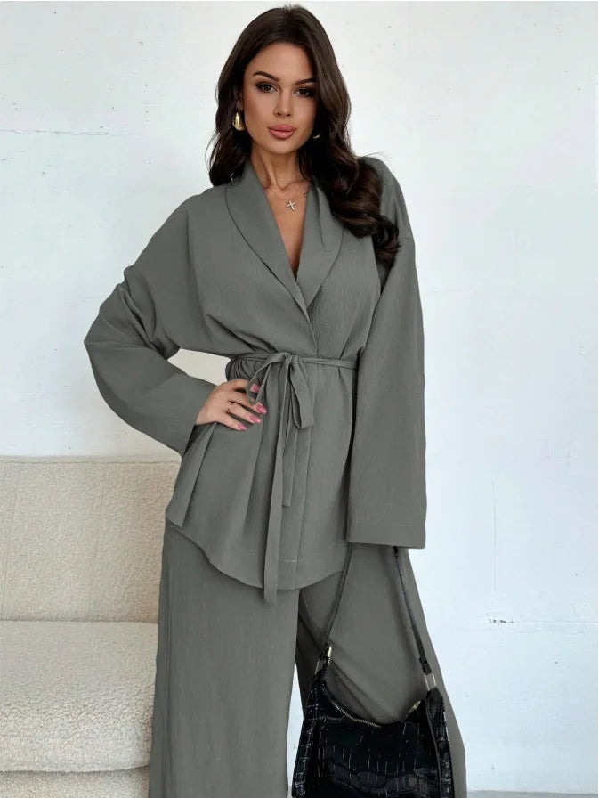 2025 Autumn Winter European American Fashion V-neck Women's Temperament Long-sleeved Elegant Wide-leg Pants Set