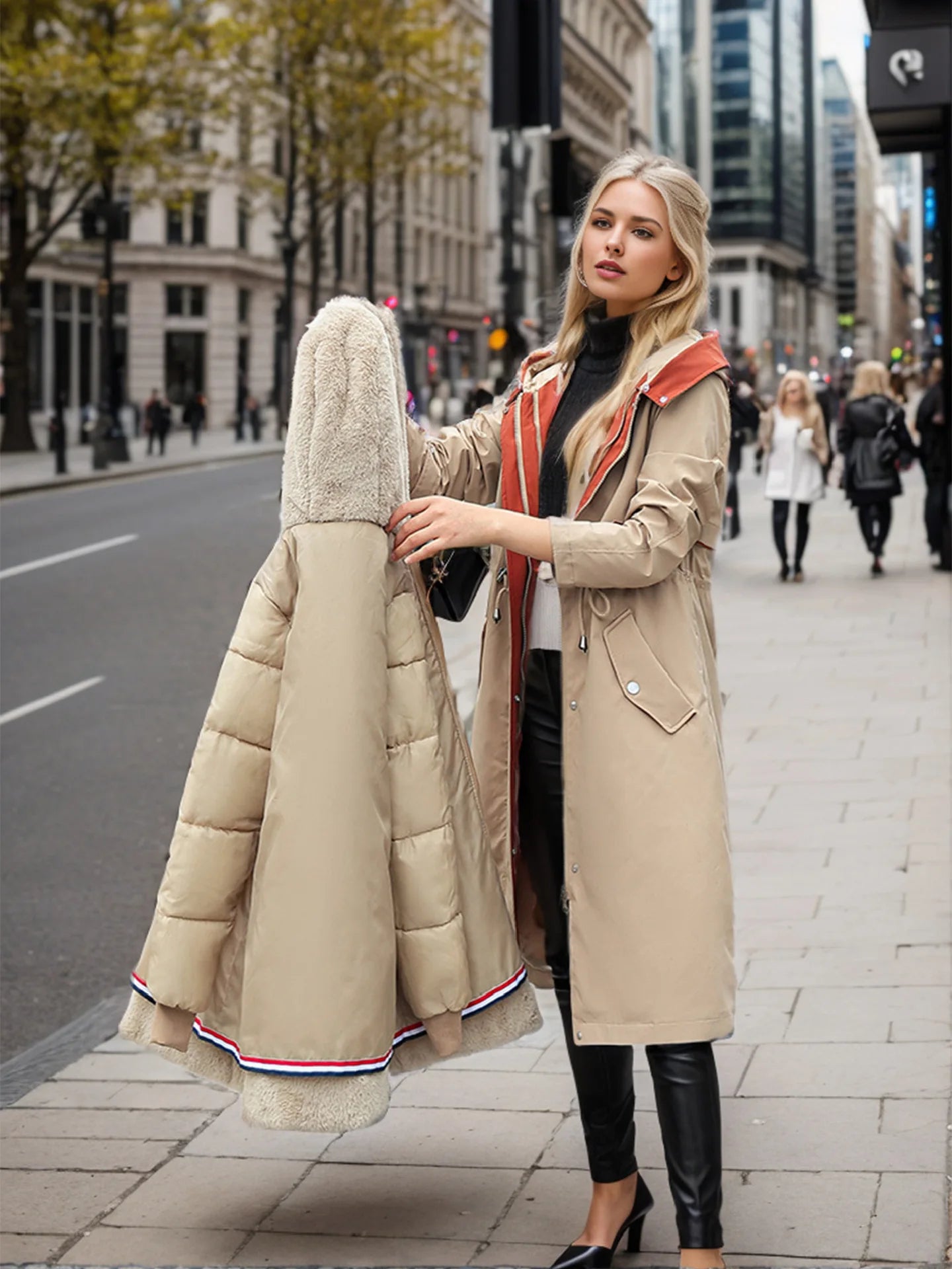 Lady's Winter Parka Coat Solid Color Detachable Faux Fur Trim Slim Fit Female's Padded Coat Thermal Longline Coat For Women