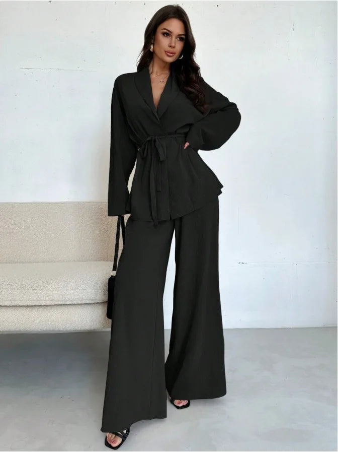 2025 Autumn Winter European American Fashion V-neck Women's Temperament Long-sleeved Elegant Wide-leg Pants Set
