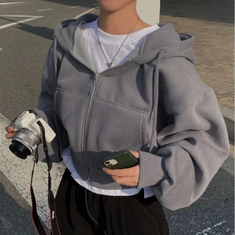 2025 Spring Autumn New Insfleece-lined Versatile Cropped Slims Smooths Silhouette Zip-up Warm Navy Blue Hooded Sweatshirt Women