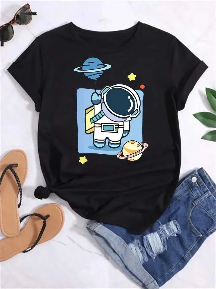 Women Moon Planet Print Fashion Tee Shirts Casual Round Neck Short Sleeve Streetwear Female T-Shirt Vintage Tops