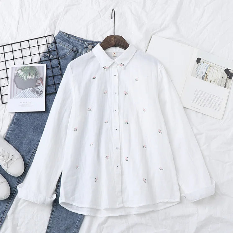 2025 Spring Autumn New Fresh Cotton Yarn Ladies Long Sleeve Shirt Flower Embroidered Women's Casual Shirt Female Blouse Clothes
