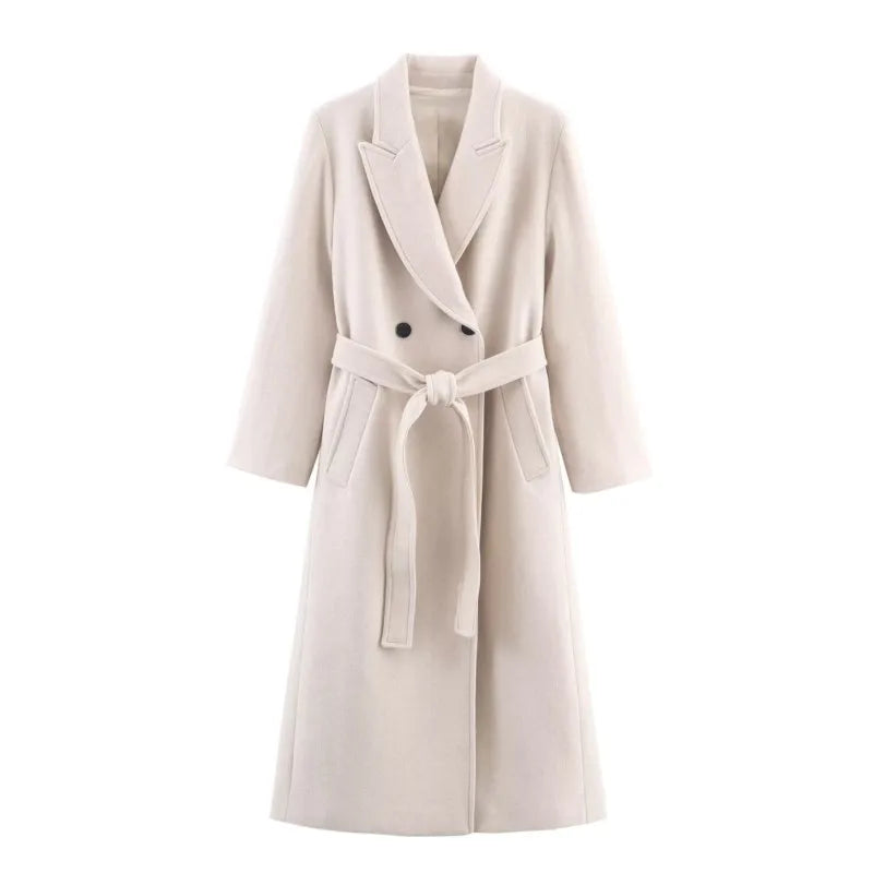 Autumn Women Long Wool Coat with Belt Casual Turn Down Collar Long Sleeve Double-Breasted Outerwear Female Chic Overcoat