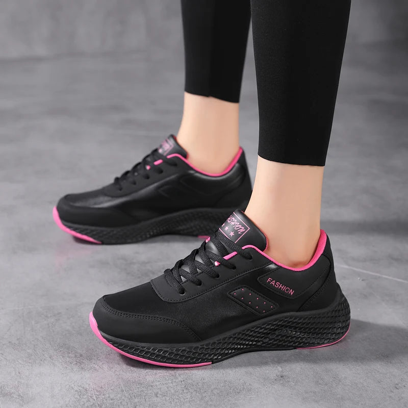 Spring and autumn women's shoes, air cushion, leather surface, waterproof, lightweight, non-slip sports shoes, thick-soled lace-