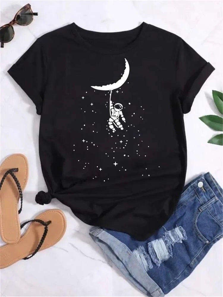 Women Moon Planet Print Fashion Tee Shirts Casual Round Neck Short Sleeve Streetwear Female T-Shirt Vintage Tops