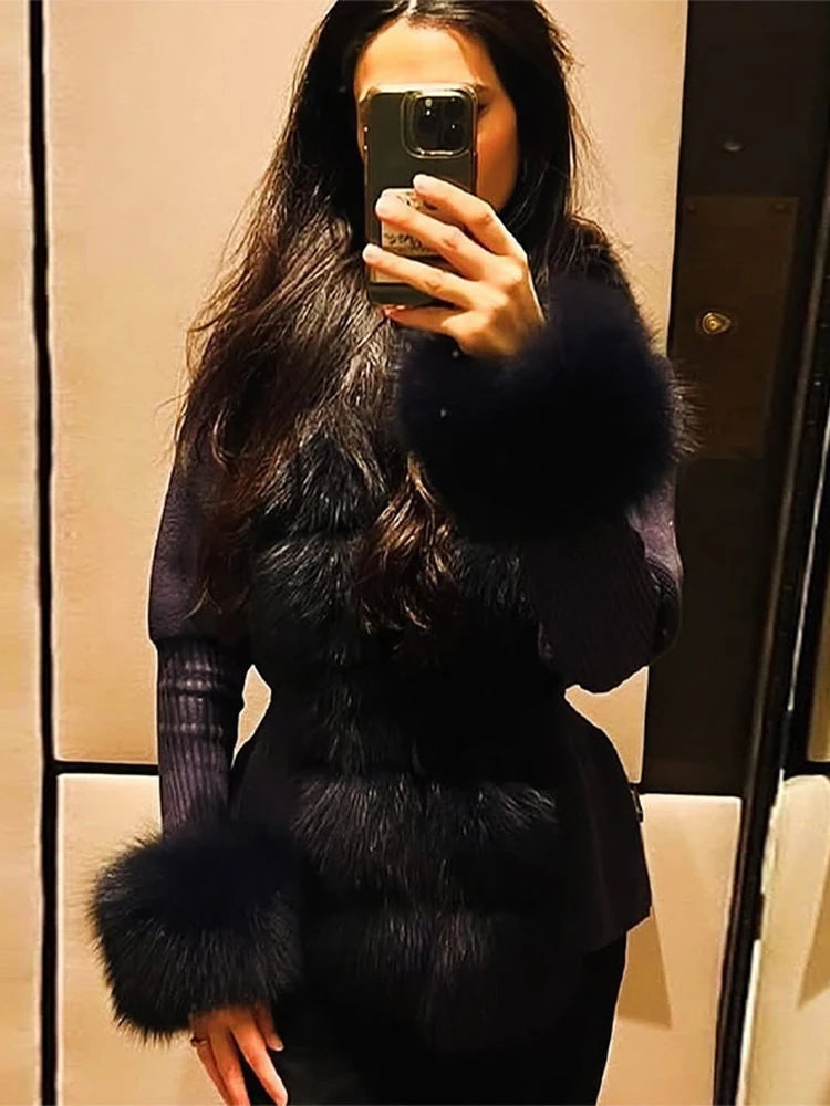 Chic Knitted Faux Fur Patchwork Women's Coat Thicken Warm Lady Coats 2025 Autumn Winter Chic Female Street Outerwears