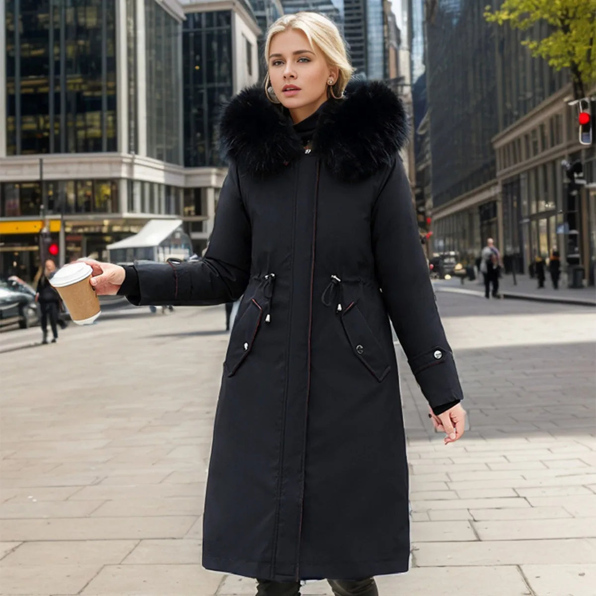 Lady's Winter Parka Coat Solid Color Detachable Faux Fur Trim Slim Fit Female's Padded Coat Thermal Longline Coat For Women