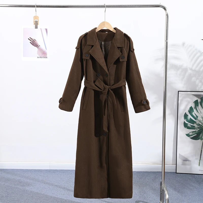 Belts Double Breasted Women's OverCoat Elegant Laple Pocket Full Sleeve Female Coat 2025 Autumn Winter Fashion New Lady Outwears
