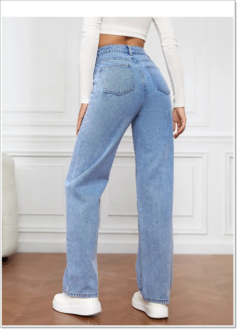 2025 new European and American high-waisted water-washed women's jeans long fashionable and versatile straight-leg pants