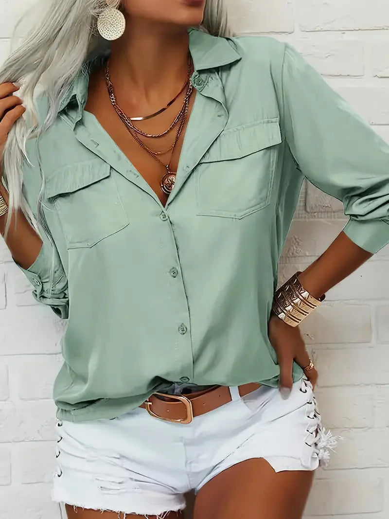 2025 Women's Military Green Shirt Lapel Button Cardigan Top Pocket White Simple Street Loose White Blouses for Female