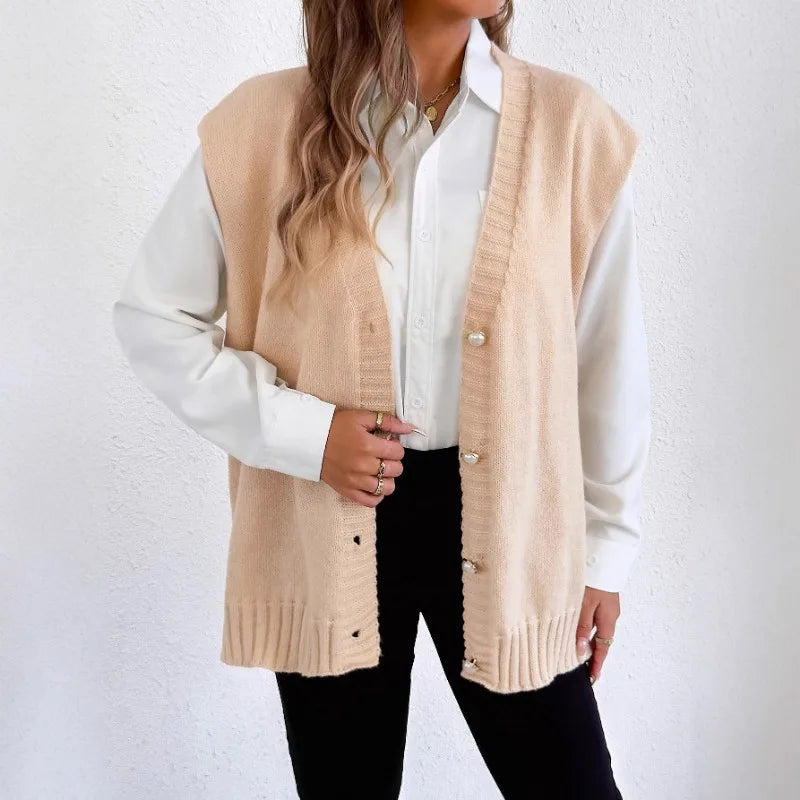 Women's Tops Autumn and Winter Vest Women's Clothing Pearl Button Loose Casual Cardigan Sweater Vest