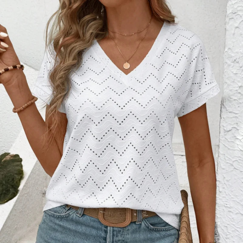 Women's Solid Color V Neck Tee  Casual Short Sleeve T-shirt for Summer  Ladies Clothes for Daily Wear  Top