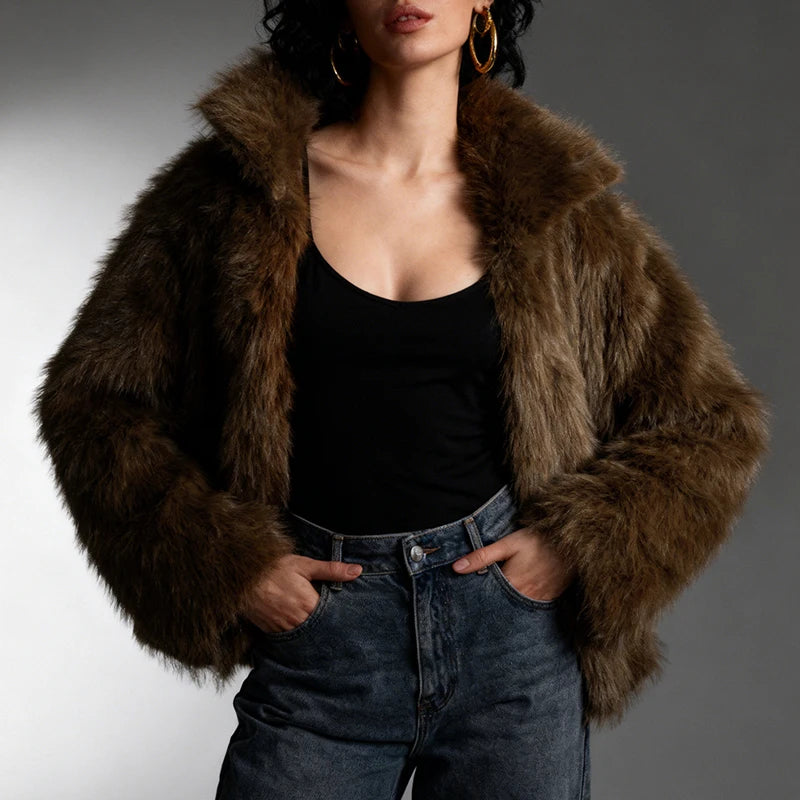 Fashion Vintge Women's Faux Fur Coat Turn-Down Collar Classic Overcoats Basic Fluffy Fox Jackets Lady Elegant Overcoats