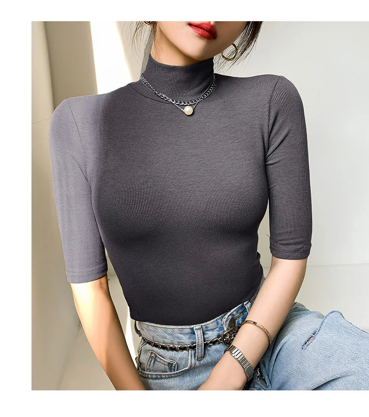 Basic  T Shirt Women Turtleneck Slim Tshirt Short Sleeve T-shirts Female Casual Elasticity White Tee Shirt Femme Woman Top