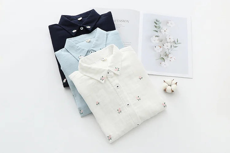 2025 Spring Autumn New Fresh Cotton Yarn Ladies Long Sleeve Shirt Flower Embroidered Women's Casual Shirt Female Blouse Clothes