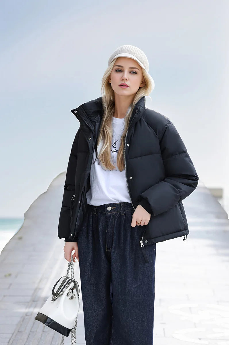 Women's Winter Puffer Coat Stand Collar Zipper Fly Pockets Loose Fit Quilted Coat For Female Thickened Lady's Thermal Coat