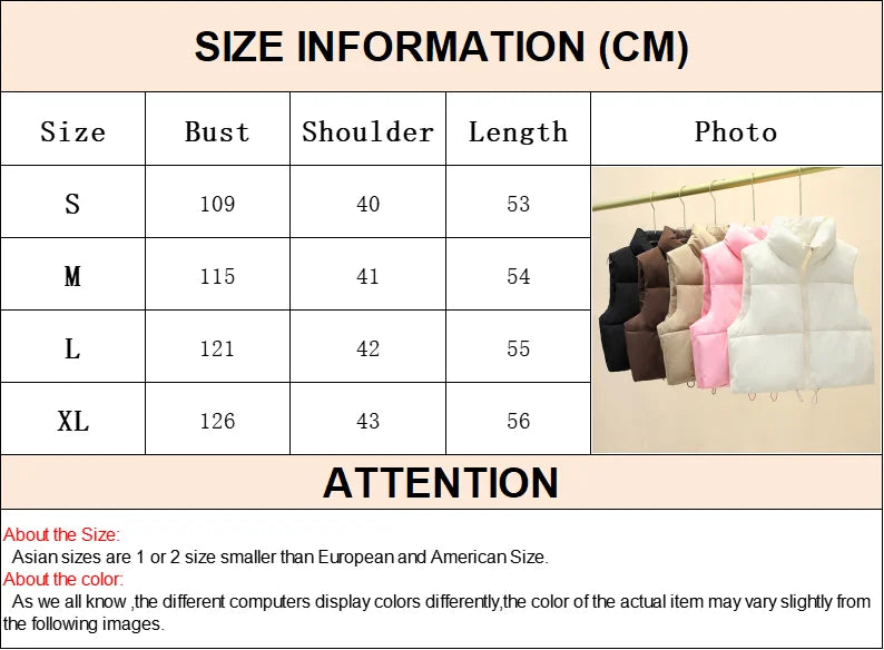 Winter Short Down Sleeveless Vest Women Warm Stand Collar Zipper Jacket Casual Fashion Quilted Cropped Coats Street Outerwears