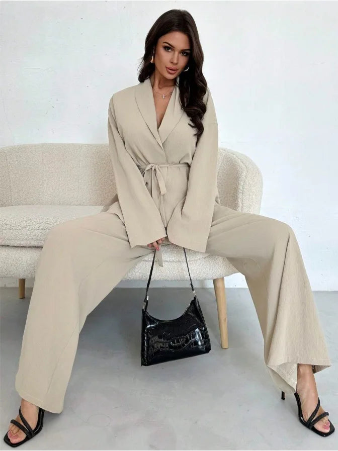 2025 Autumn Winter European American Fashion V-neck Women's Temperament Long-sleeved Elegant Wide-leg Pants Set