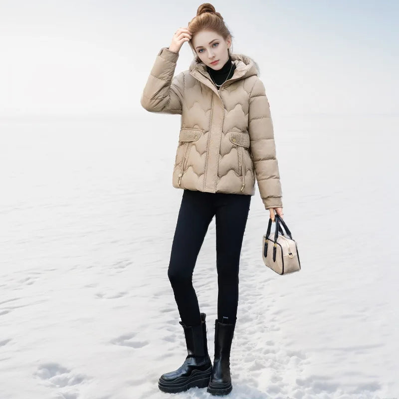Drawstring Winter Women's Parka Jacket Solid Stand Collar Hooded Zipper Fly Padded Coat For Female Slouchy-Style Lady's Jacket
